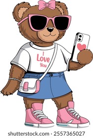 cute girl teddy bear in sunglasses taking selfie vector