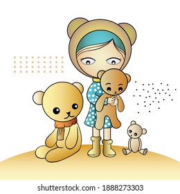 Niña linda con ilustración vectorial de oso de peluche, diseño vectorial de carácter 
