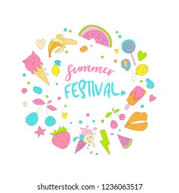 Cute Girl teenager colored summer icon sticker, fashion cute teen and princess icons. Magic cute objects - ice cream, banana, watermelon, hearts, lemon and lollipops hand draw teens icon round form