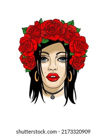 Cute girl, teens, woman, head wreath, floral crown. Design for t-shirt print, poster, interior painting, sticker