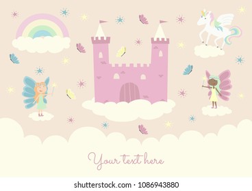 Cute girl template babies children birthday greeting card invitation. Pink castle fantasy fairyland fairy princess unicorn rainbow butterflies.