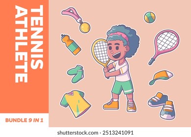 Cute Girl Tennis Athlete Flat Art Vector