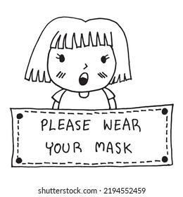 Cute Girl With Text Please Wear Your Mask , Doodle Cartoon Hand Drawing