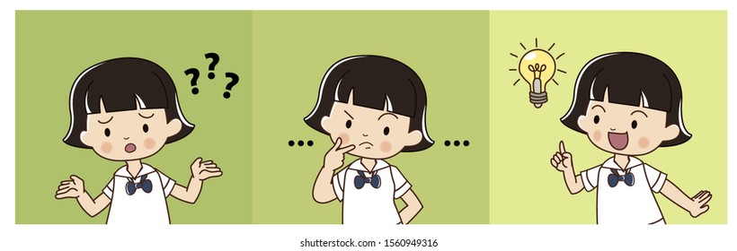 Cute girl in Thai student uniform is confusing then thinking and got the idea. Thinking process. cartoon character vector