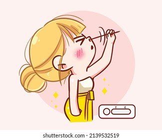 Cute girl in thailand traditional using coronavirus rapid antigen self test kit logo banner hand drawn cartoon art illustration