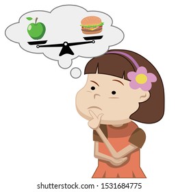 cute girl thhinking, apple or hamburger, cartoon style, vector illustration