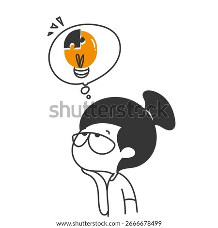 cute girl think about resolving light bulb puzzle in doodle hand drawing cartoon