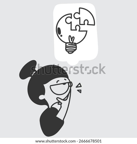cute girl think about resolving light bulb puzzle in doodle hand drawing cartoon