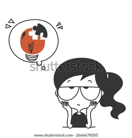 cute girl think about resolving light bulb puzzle in doodle hand drawing cartoon