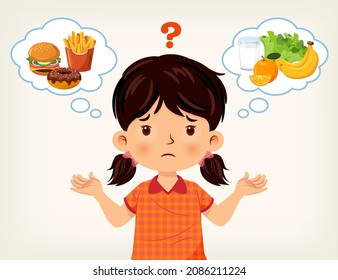 Cute girl was thinking of choosing between junk food or healthy food. Vector illustration