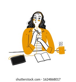 Cute Girl Gedanken in ihrem Büro. Handgezeichnete Vektordesign-Illustrationen im Doodle-Stil.