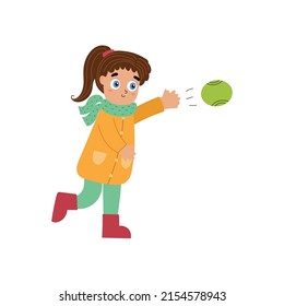 Cute girl throwing a ball. Outdoor baseball activity. Happy child throws ball. Vector illustration