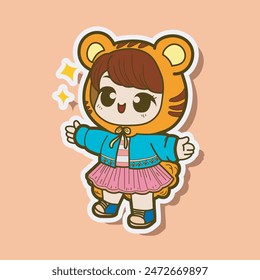 cute girl with a tiger beanie sticker cartoon vector, flat cartoon style