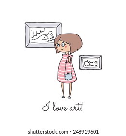 Cute girl with tiny handbag in art gallery museum,  in front of paintings. Funny cartoon hand drawn illustration.
