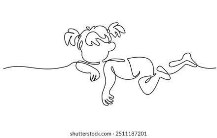 Cute Girl toddler lies on his stomach. Continuous one line drawing of child, childhood daughter, silhouette. Vector illustration