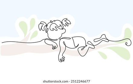 Cute Girl toddler lies on her stomach on branch of tree. Continuous one line drawing of child, childhood daughter, silhouette. Vector illustration