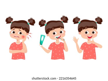 Cute girl with tooth brush and toothpaste. Child brushing teeth. Dental kids. Toothache. Baby crying for pain. Happy baby smile. Healthy teeth. Hygiene. Vector illustration.