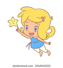 Cute girl touching star, vector illustration