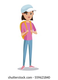 cute girl tourist pink tshirt backpack cap