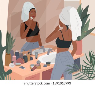 Cute girl with towel on head care for her skin after bathing, cleanses face and makeup. Feminine Daily life by young woman in bathroom interior with homeplants. Cartoon vector illustration