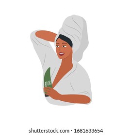 Cute girl with towel on head care for her skin after bathing, cleanses face and makeup. Feminine Daily life by young woman. Cartoon vector illustration