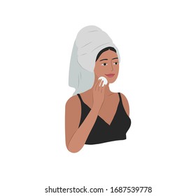 Cute girl with towel on head care for her skin after bathing, cleanses face and makeup. Feminine Daily life by young woman. Cartoon vector illustration