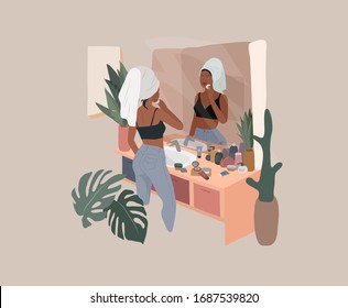 Cute girl with towel on head care for her skin after bathing, cleanses face and makeup. Feminine Daily life by young woman in bathroom interior with homeplants. Cartoon vector illustration