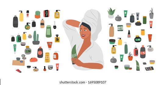 Cute girl with towel on head care for her skin after bathing, cleanses face and makeup. Natural organic cosmetics products in bottles. Skincare routine set. Cartoon vector illustration