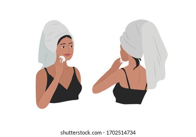 Cute girl with towel on head care for her skin after bathing, cleanses face and makeup. Feminine Daily life by young woman. Cartoon vector illustration