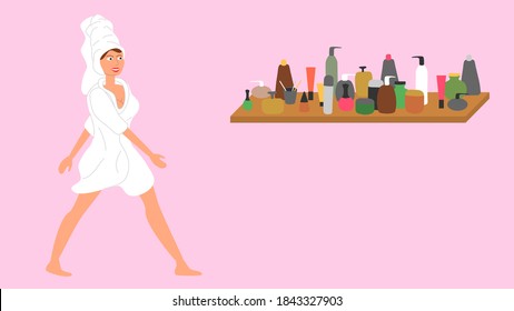 Cute girl with towel on head care for her skin after bathing, cleanses face and makeup. Natural organic cosmetics products in bottles. Skincare routine set. Cartoon style vector illustration.
