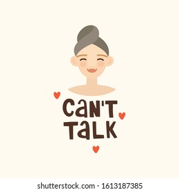 Cute girl with a towel on her head is smiling. I can't speak hand drawn lettering. Vector illustration in flat style. The concept of vacation, self care, relaxation, home spa, bath time.