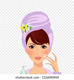 Cute girl in towel turban put cream on face from pump bottle isolated on transparent background. Beautiful young woman applying moisturiser for face in spa Cartoon flat vector illustration, clip art