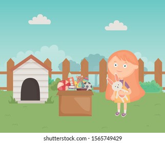 cute girl with toys box and dog house in the backyard vector illustration