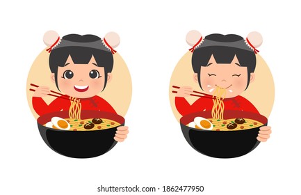 Cute girl in traditional Chinese attire eat noodle ramen and egg  mushroom    chicken  Restaurant logo concept 