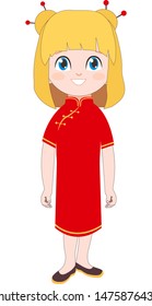 Cute Girl in traditional Chinese costume. Isolated Vector cartoon character Illustration with Happy kid