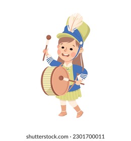 Cute girl in traditional costume playing drum musical instrument in marching band parade cartoon vector illustration