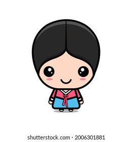 Cute girl  in traditional costume of South Korea. Cartoon children in traditional korean clothes.