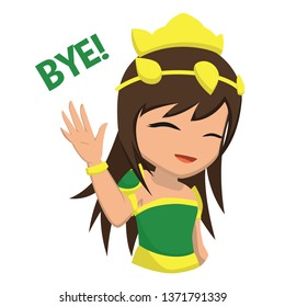 Cute girl in traditional green clothes saying bye