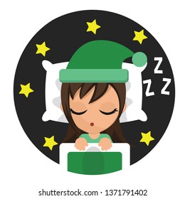 Cute girl in traditional green clothes sleeping and snoozing in stars