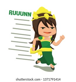Cute girl in traditional green clothes running with funny face