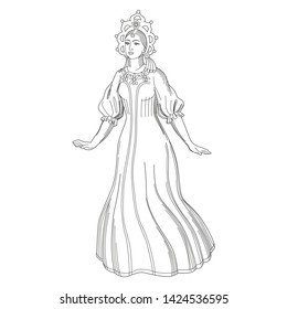 Cute girl in traditional Russian costume, Snow Maiden. Vector illustration. For coloring book.