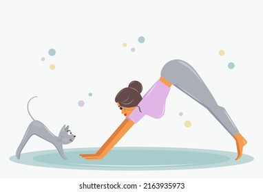 A cute girl is training next to her gray cat on a yoga mat. Young woman in dog pose doing Pilates next to her pet friend stretching together. Vector, cartoon flat style.