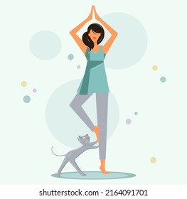 A cute girl is training next to her gray cat on a yoga mat. A young woman in a tree pose goes in for sports. Next to her is a funny curious kitten. Vector, flat style with place for text.
