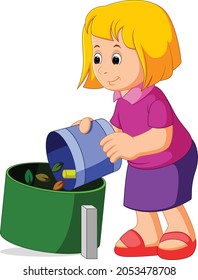 cute girl with trash bag near garbage container