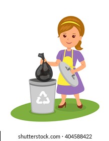 Cute girl with a trash bag near the garbage container. Isolated vector female characters throw garbage into a trash can. Concept design of recycling and ecology.