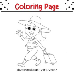 cute girl traveling carrying suitcase waving coloring page for kids. Black and white illustration for coloring book