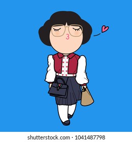 Cute Girl In Trendy Winter Heart Pattern Outfit Concept Card Character illustration