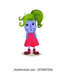Cute girl troll with green hair, funny fairy tale character vector Illustrations on a white background