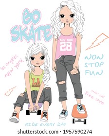 cute girl T-shirt Graphics. vector. girl pattern.   girl illustration . Fashion and skate girl