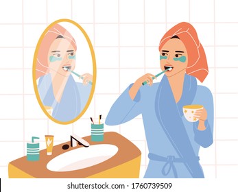 A cute girl in a turban and a dressing gown stands at the mirror and brushes her teeth, holds a mug in her hands. Daily morning routine, care for teeth and beauty. Colorful vector flat illustration.